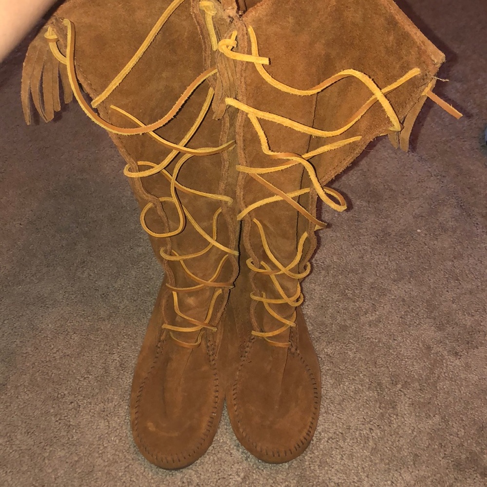 Minnetonka knee high lace front moccasins